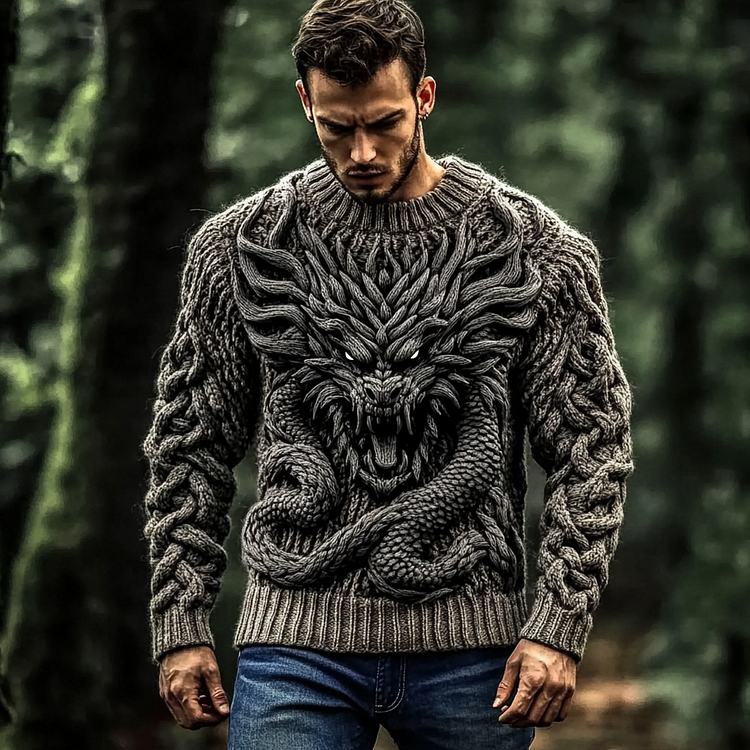 VChics Men's Viking Dragon Celtic Jacquard Knitted Comfort Sweater