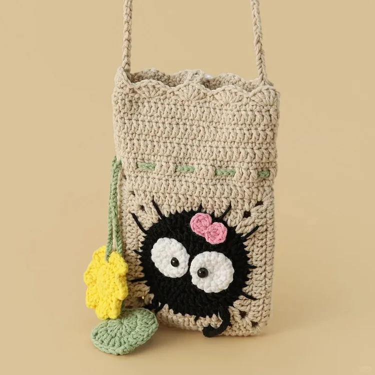 Lulusnow Handmade Khaki Googly Eye  Crochet Crossbody Bag Phone Bag