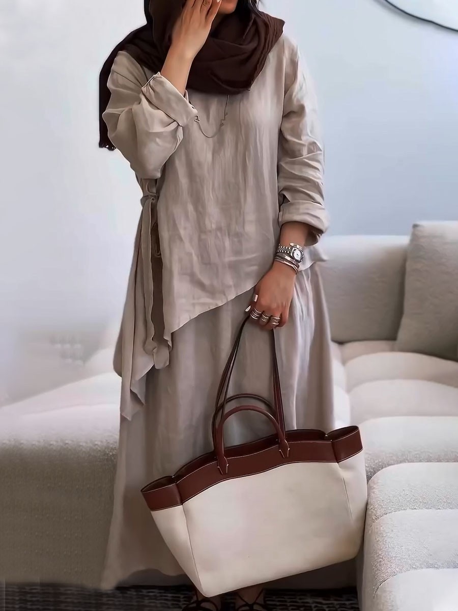 Casual cotton and linen lace-up two-piece set