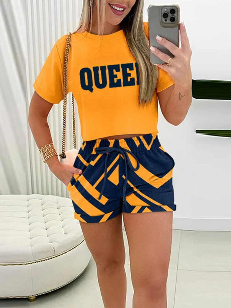 Uveng Uveng Women's Round-Neck Print Short Sleeve Two-Sleeve Collared Shorts Set