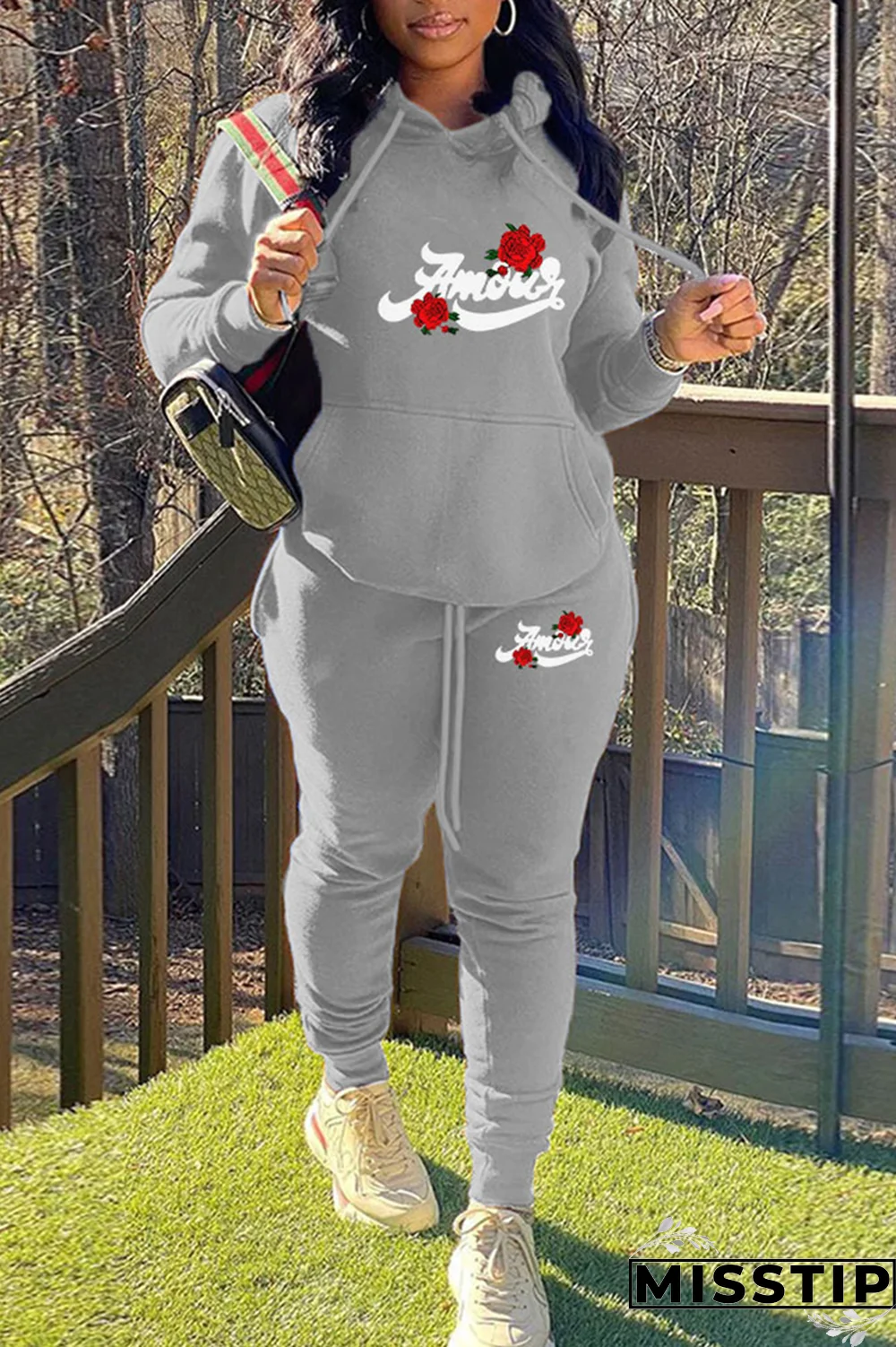 Burgundy Casual Print Draw String Hooded Collar Long Sleeve Two Pieces