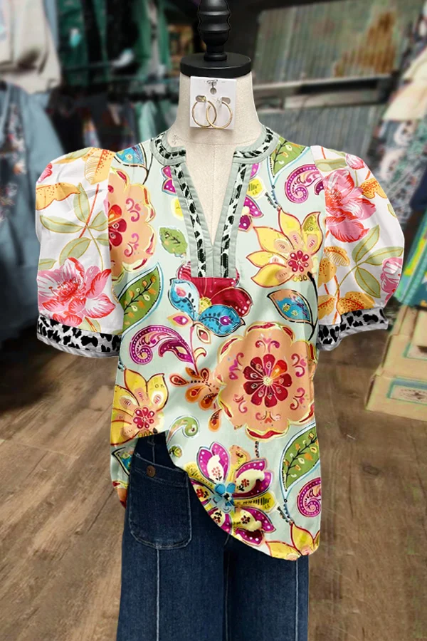 Mixed Floral Print Puff Sleeve Top