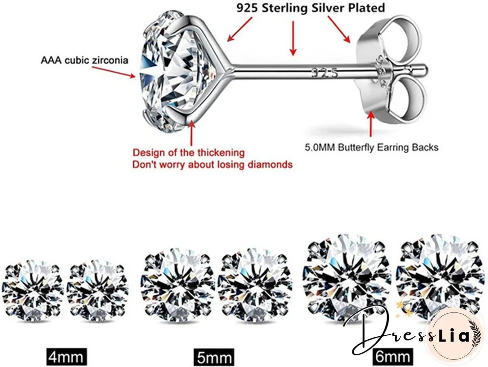 Pairs Stud earrings 925 sterling silver plated round cubic zirconia hypoallergenic set
