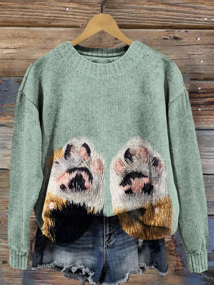 Cute Cat Paws Embroidery Art Cozy Knit Sweater