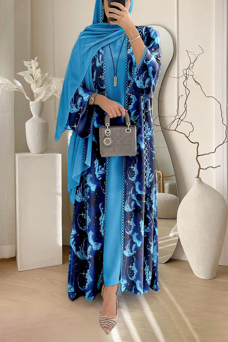 Head Scarf Maxi Dresses Pattern Print Abaya Three Piece Set [Pre Order]