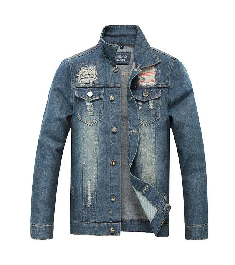 Men Cotton Slim Fit Ripped Denim Jacket