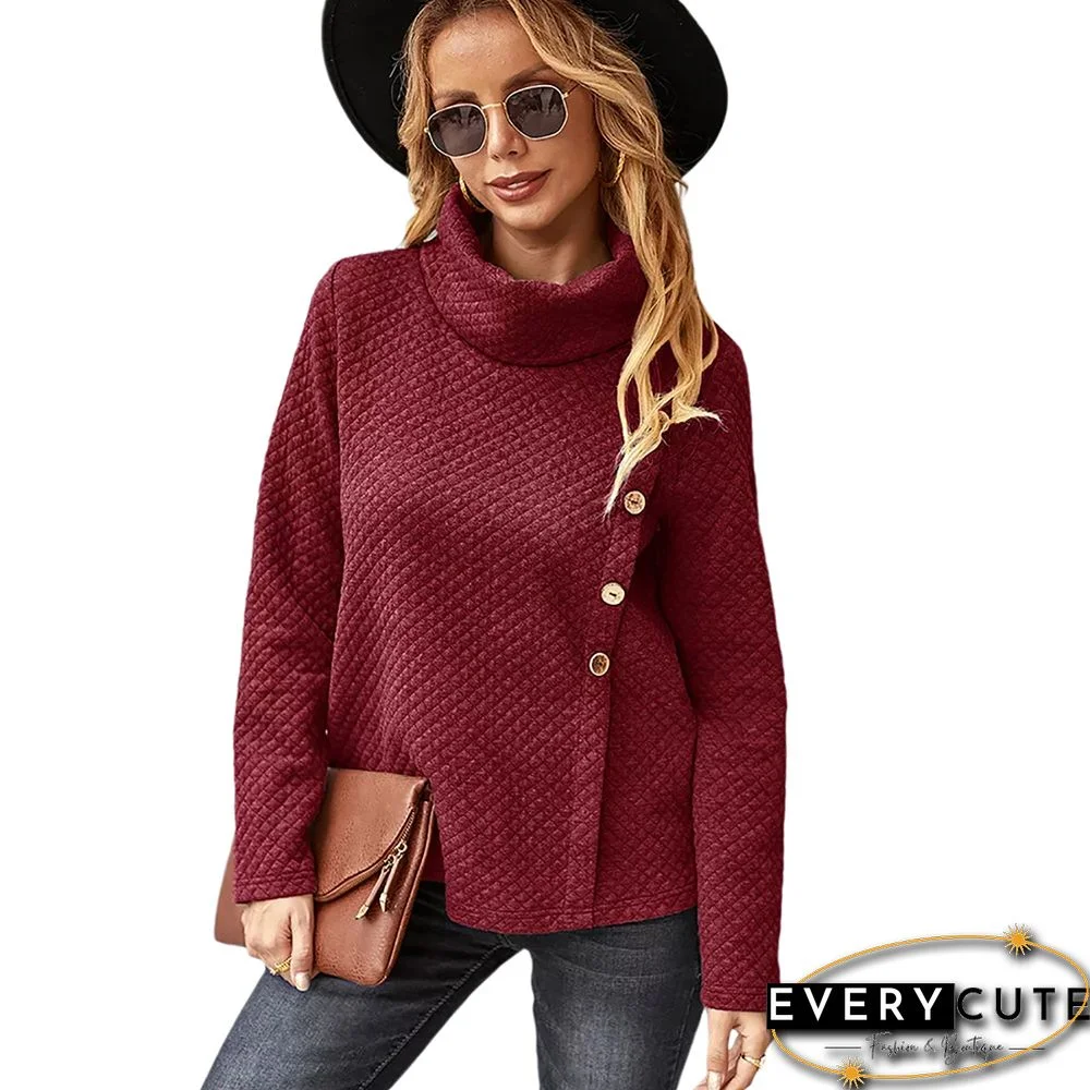 Wine Red Button Detail High Collar Sweatshirt