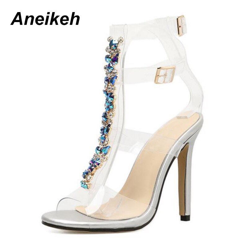 Aneikeh New Summer sandals women Buckle Strap Luxurious Blue Crystal Chain Transparent PVC High Heel Open Toe Sexy Sandals Shoes