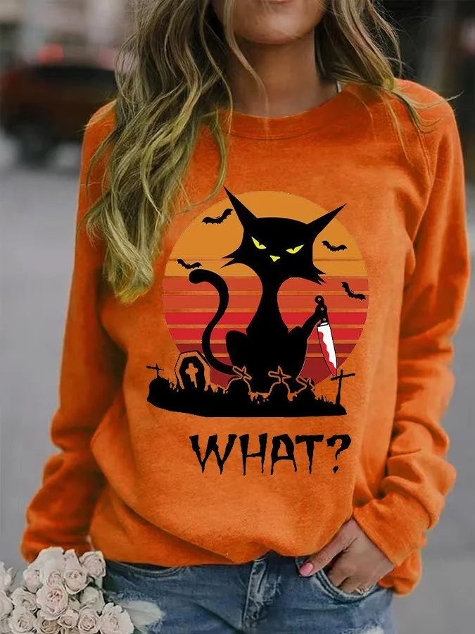 Women's Funny Black Murderous Cat With Knife Halloween What Printed Sweatshirt