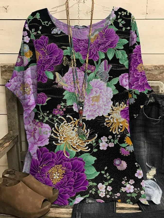 Women's Purple Floral Slit Top