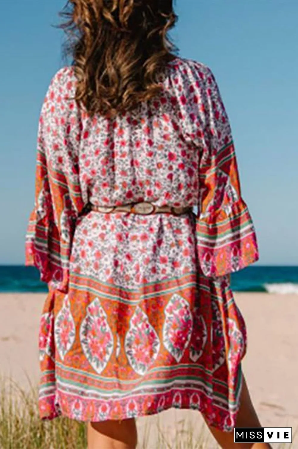 V-Neck Bell Sleeve Floral Printed Dress