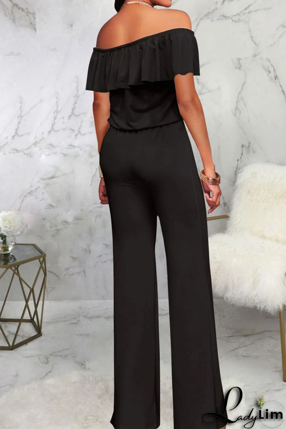 Grey Casual Solid Patchwork Flounce Off the Shoulder Straight Jumpsuits