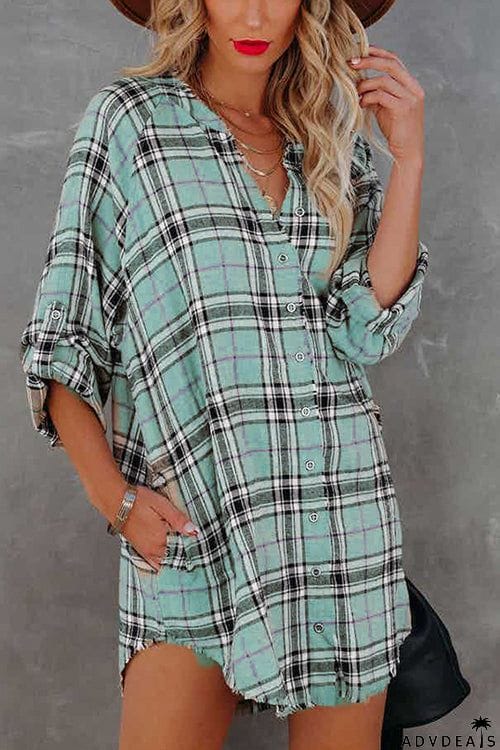 Fashion Check Long Sleeve V-Neck Shirt Dress