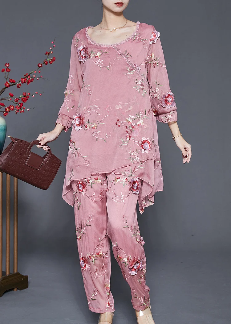 Simple Pink Asymmetrical Design Embroidered Floral Silk Two Pieces Set Spring