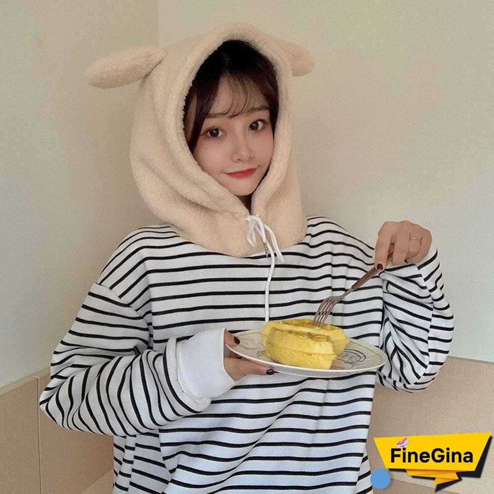 Women's Kawaii Hoodie New Korean Loose Striped Fake Two-Piece Pullover Cute Bear Ears Lamb Hair Sweet Girls Student Clothes