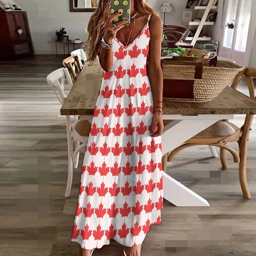 Canada Day Maple Leaf Red Women's Casual Strappy V Neck Sleeveless Flowy  Loose Long Maxi Beach Dress Sundress