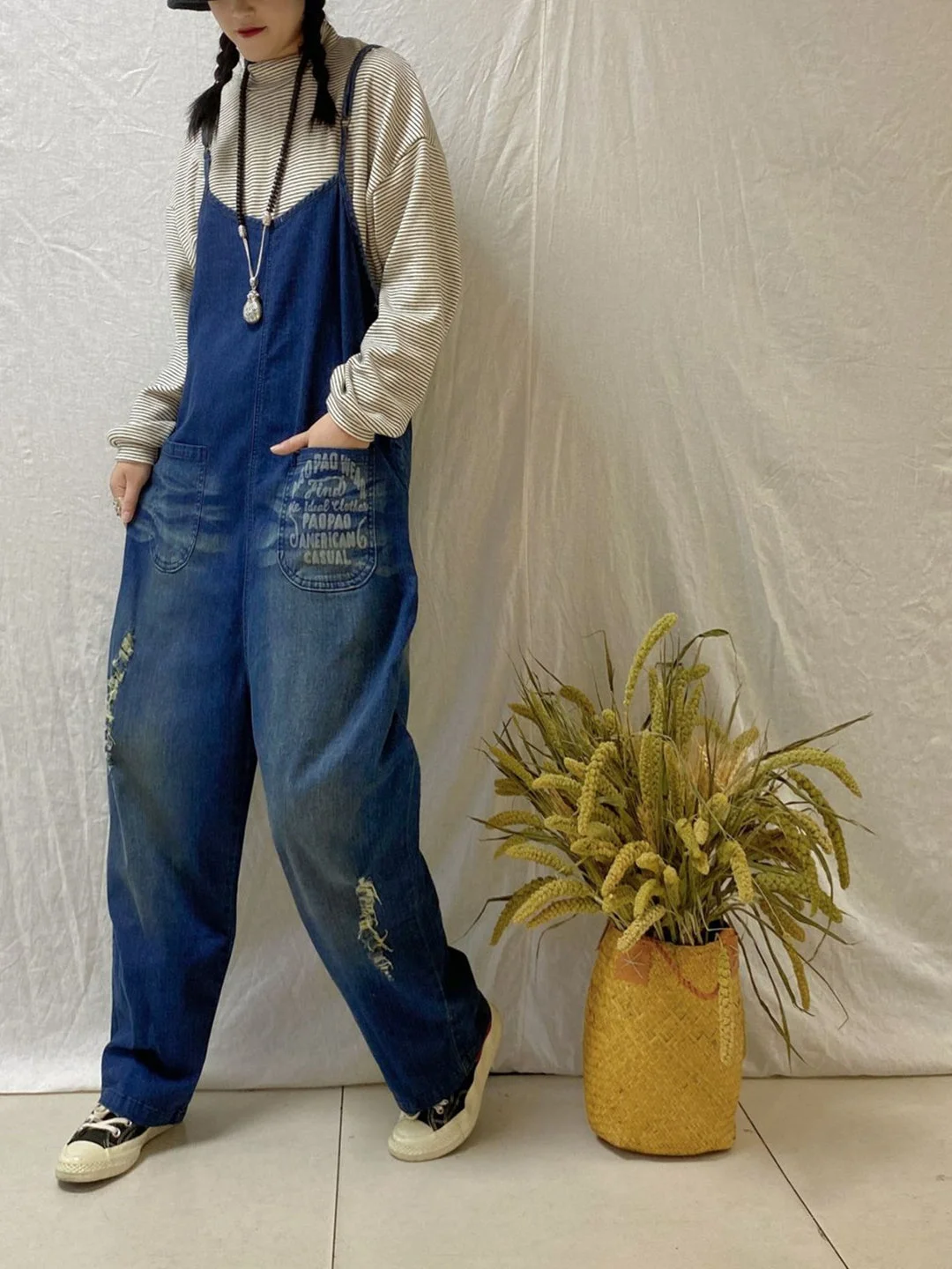 Women's Casual Retro Cropped Workwear Denim Overalls Jumpsuit