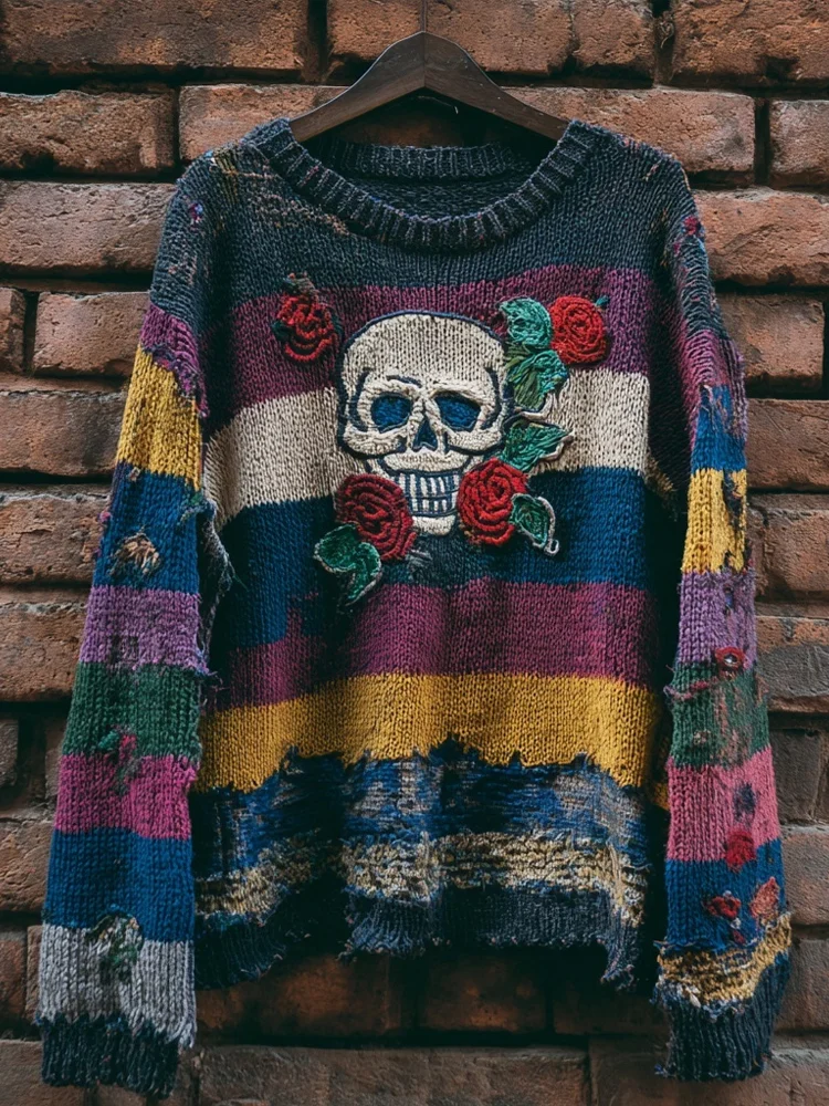 Vintage Skull & Roses Embroidered Patchwork Cozy Knitted Sweater