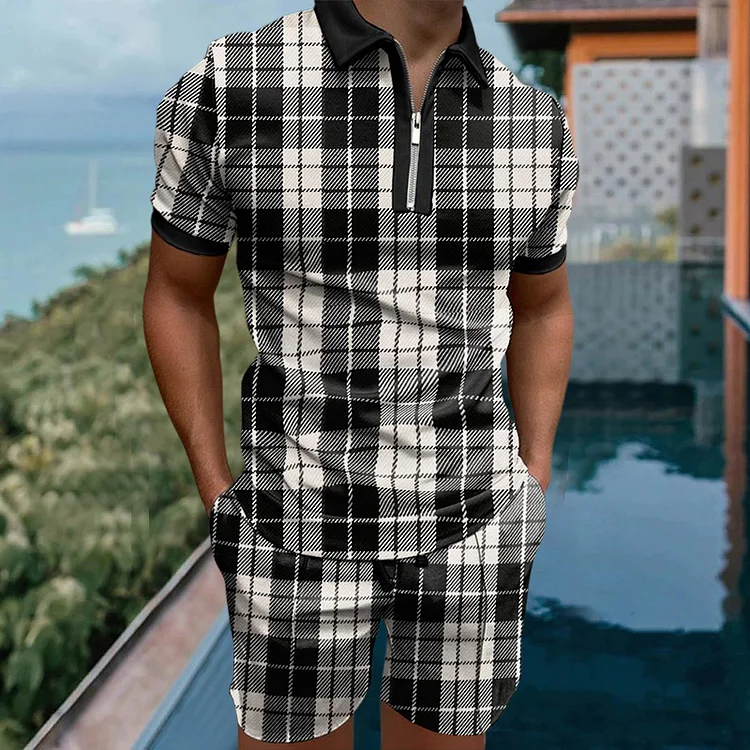 Men's checked print black and white Polo suit