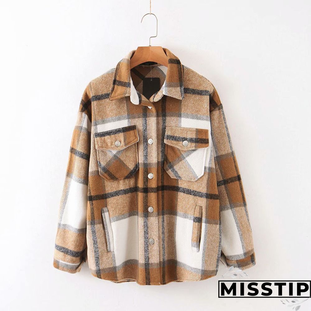Classic Thick Colorblock Checked Button Down Shirt Jacket Woolen