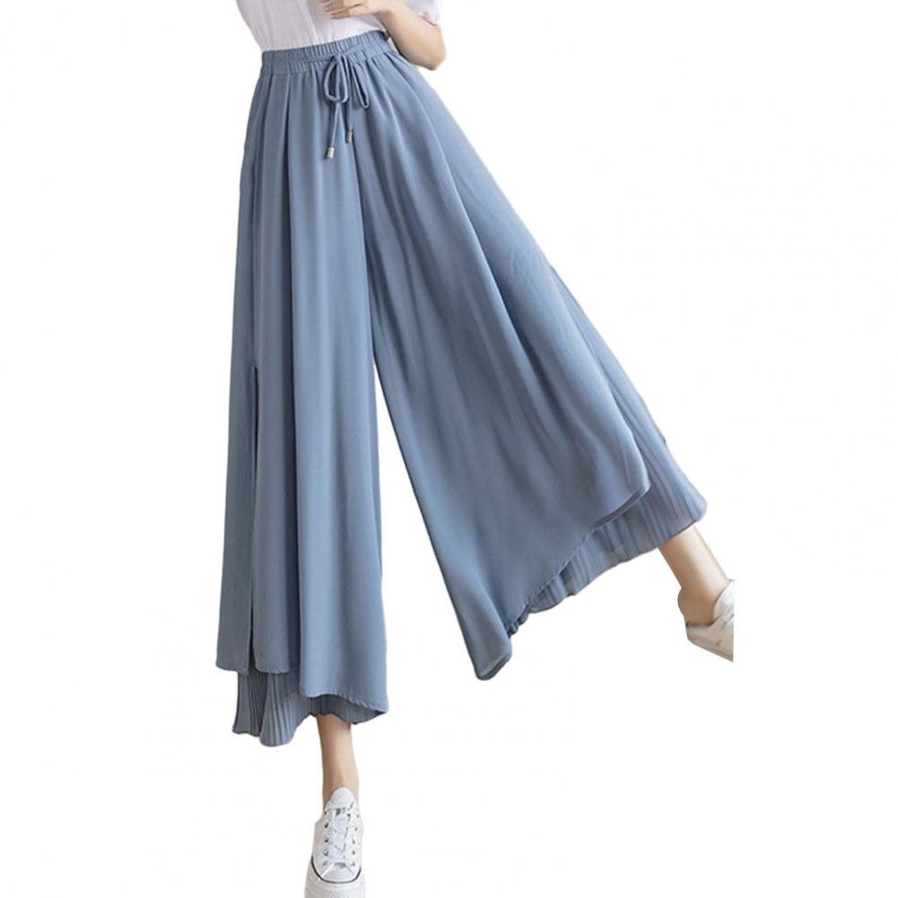Poncun Women Pants Elastic Wide Leg Irregular Hem Double Layers Trousers Summer Casual Loose Pleated Pants High Waist Street Skirt Pant