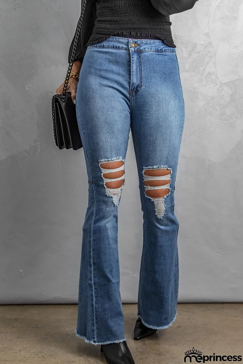 Distressed Raw Hem High-Waist Flare Jeans