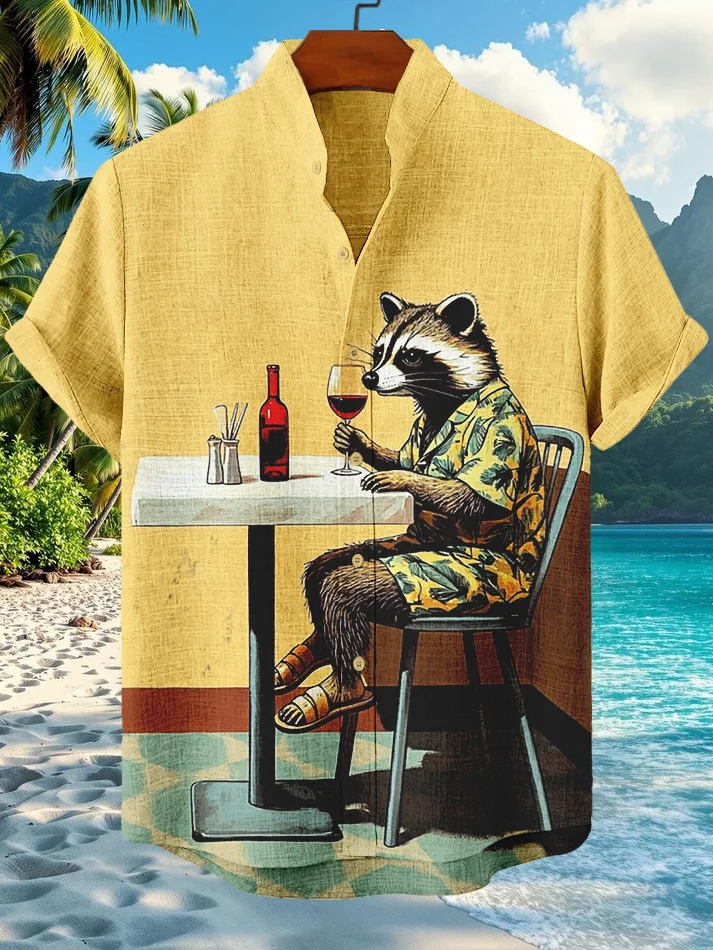 Men's Raccoon Drinking Red Wine Holiday Art Print Casual Shirt