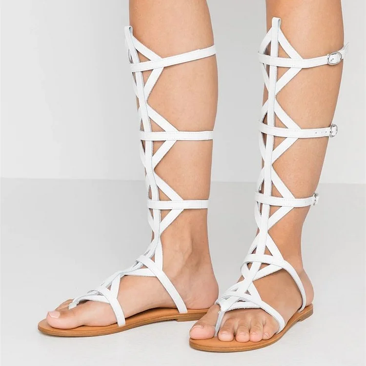 White Knee High Flat Gladiator Thong Sandals |FSJ Shoes