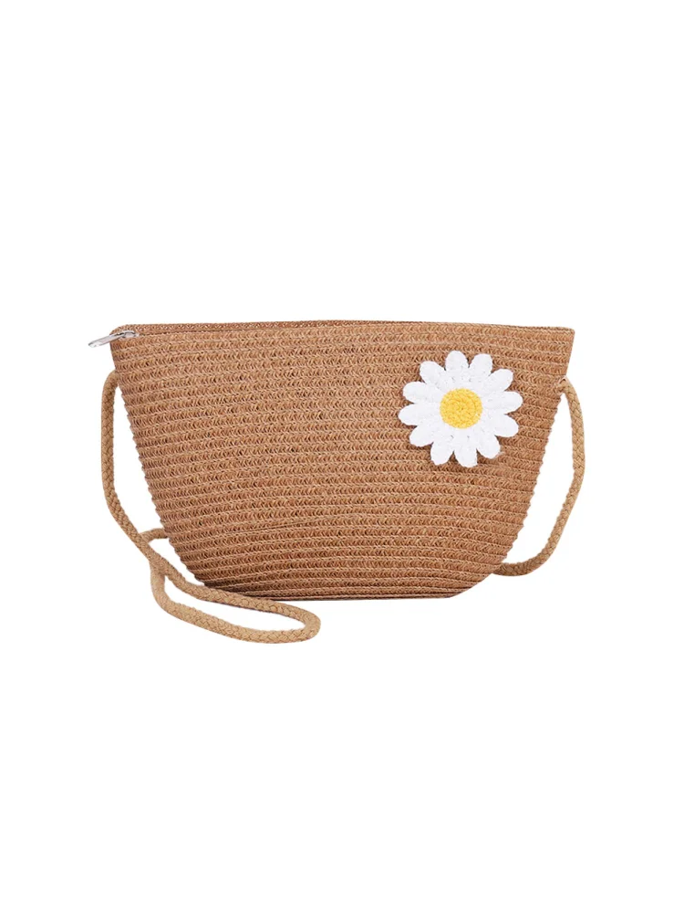 Women Retro Straw Weave Flower Summer Beach Shoulder Crossbody Bag (White)