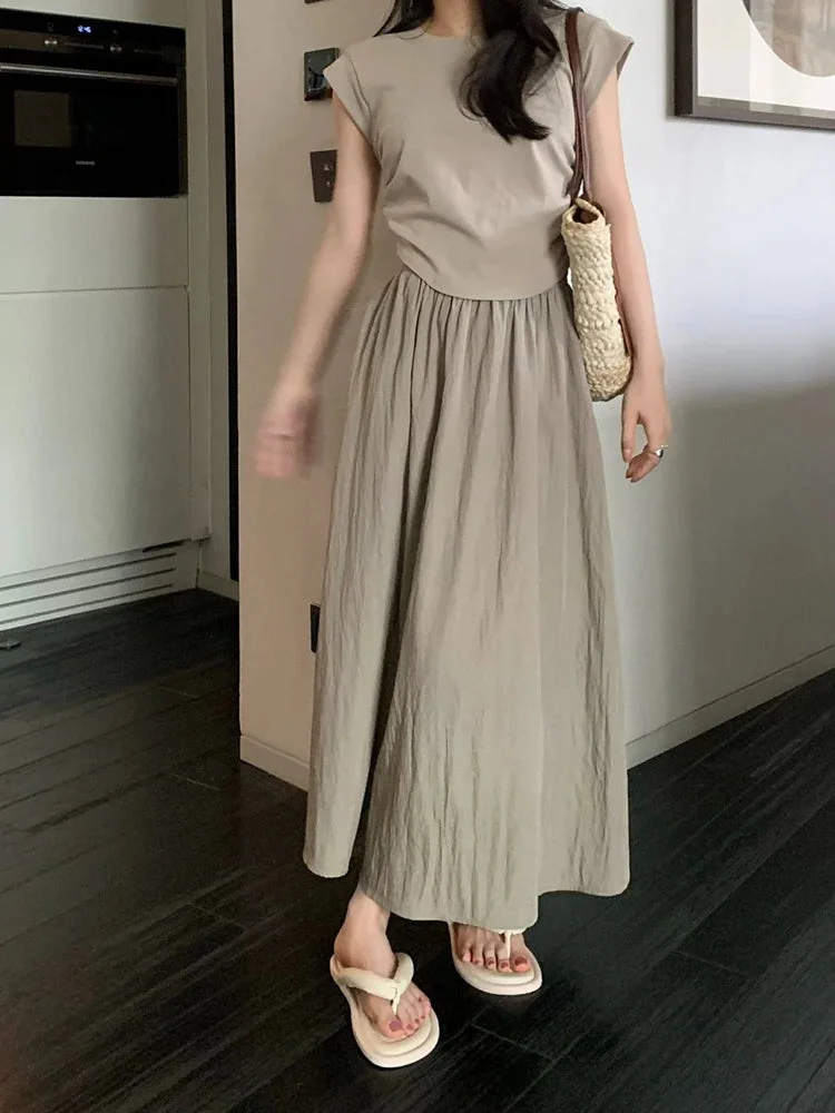 Oocharger Elastic High Waist Women Skirt Korean Summer A Line Wrinkled Long Skirt Vintage Solid Casual Pockets Skirts