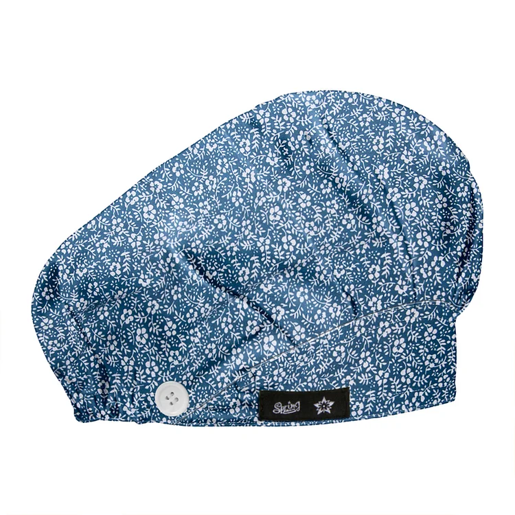 Women's Yellow White Flower Bouffant Hats Beanies Working Cap Button Sweatband Adjustable