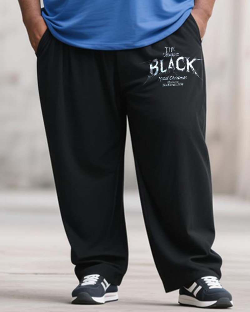 Big & Tall Men's Black And Blue Graffiti Letters Print Long Sleeve T-Shirt Pants Suit