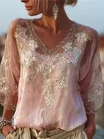 Classy Pink Roses Embroidered Lace Trim Flowy Linen Tunic