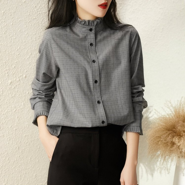 Gray Tartan Checkered/plaid Shift Long Sleeve Shirts & Tops