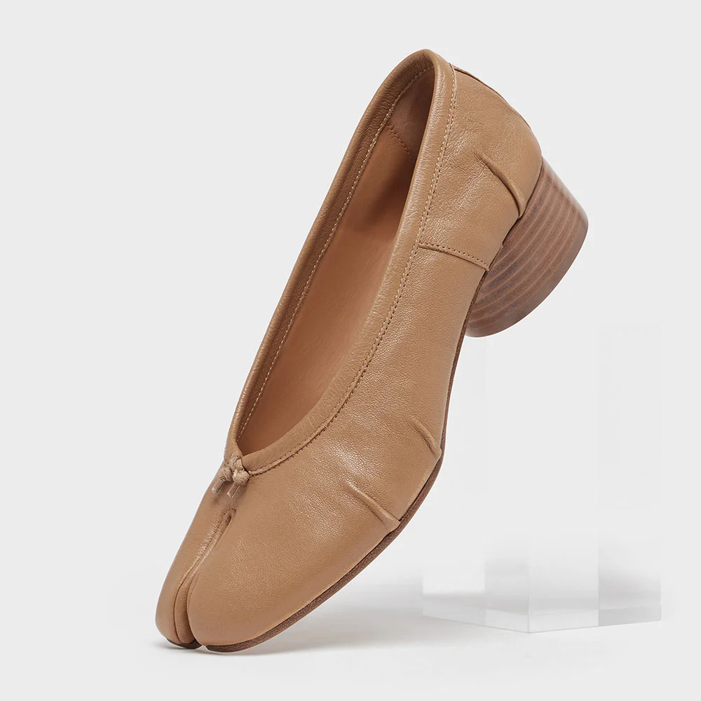 Stylish Faux Leather Split Toe Wrinkled Nude Pumps with Cylinder Heel