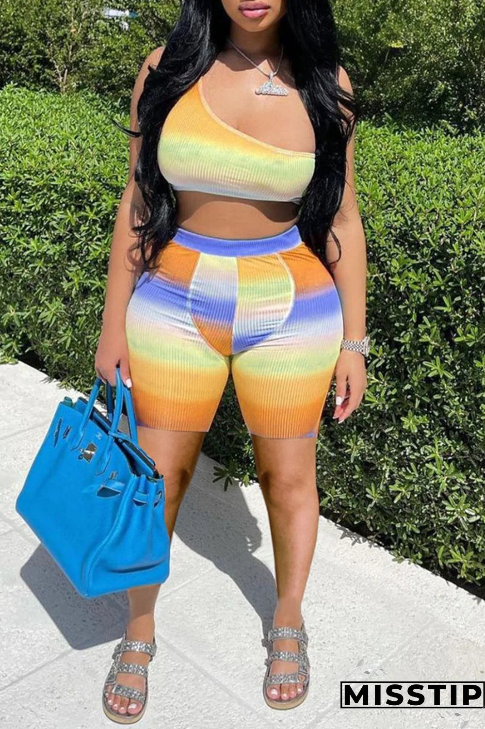 Yellow Sexy Casual Print Basic One Shoulder Sleeveless Two Pieces