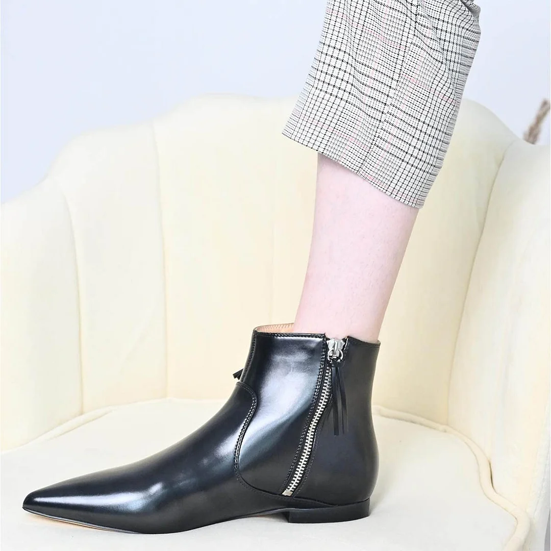 Black Closed Pointed Toe Flat Ankle Boots Double Zipper Booties Nicepairs