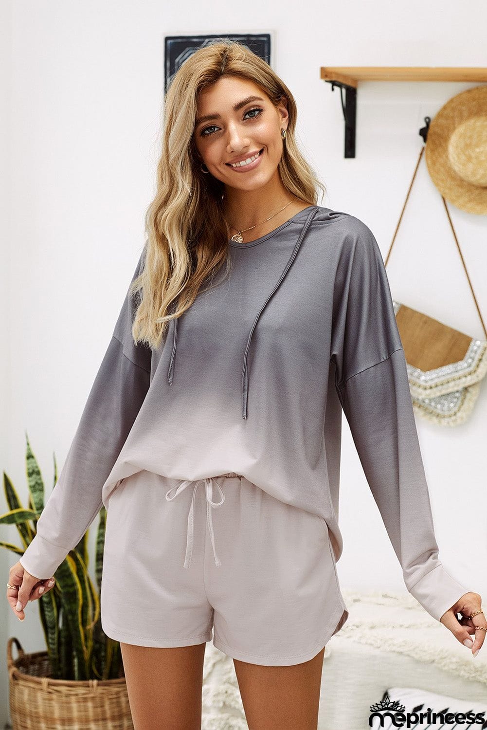 Gray Dip Dye Long Sleeve Hooded Lounge Sweatshirt Shorts Set