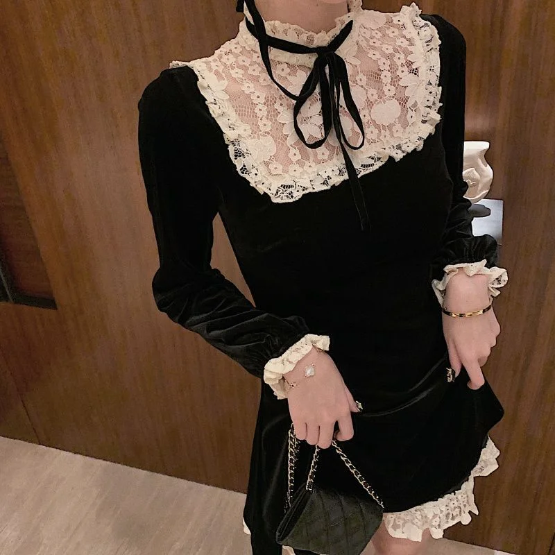 Long-Sleeve Lace-Panel Mini A-Line Dress YP1648
