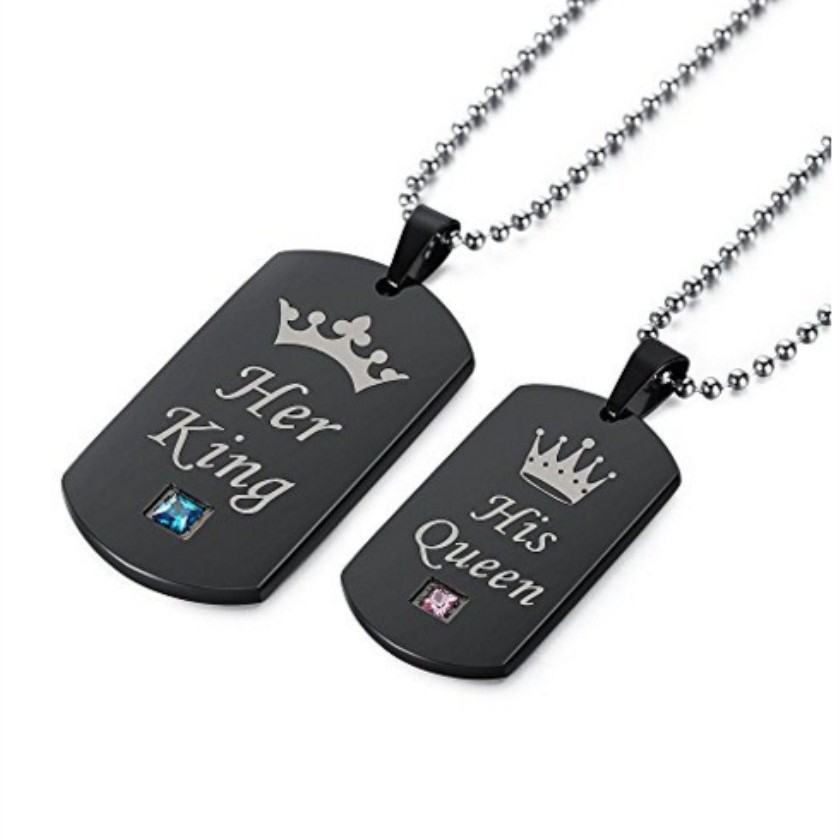 Valentine's Day KING QUEEN Titanium Steel Couple Crown Crystal Diamond Pendant