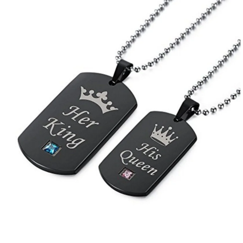 Valentine's Day KING QUEEN Titanium Steel Couple Crown Crystal Diamond Pendant