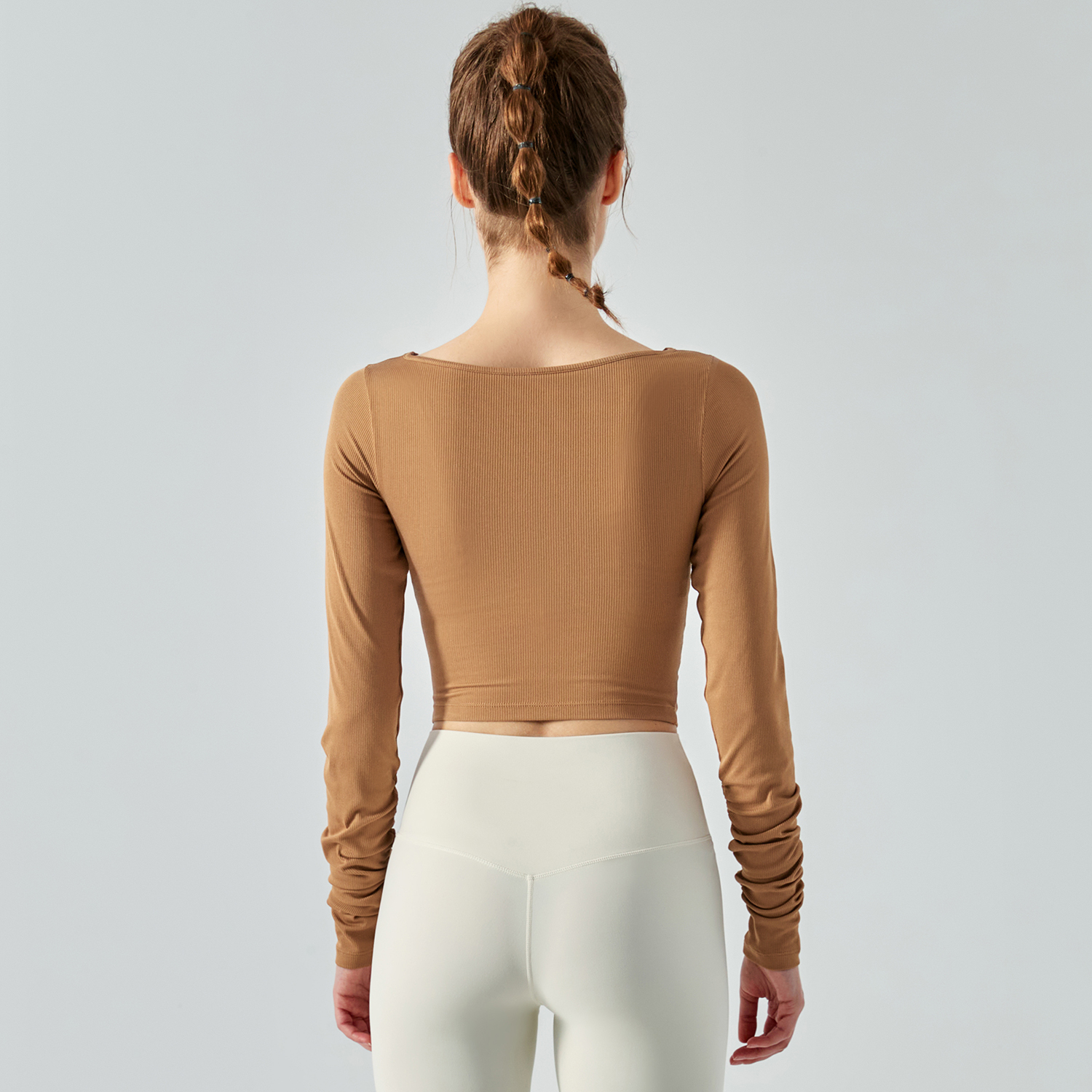 Buy Hergymclothing Oatmeal Brown breathable long sleeve sports athletic shirt ribbed cropped top online 