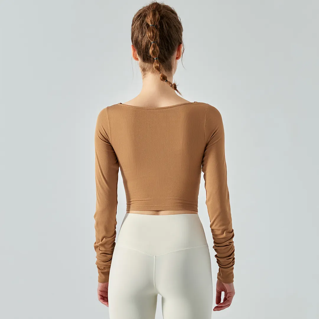 Buy Hergymclothing Oatmeal Brown breathable long sleeve sports athletic shirt ribbed cropped top online 