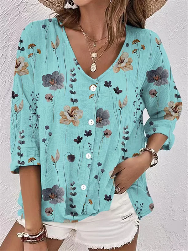 Buttoned Flower Print Long Sleeves Loose V-neck Blouses&shirts Tops