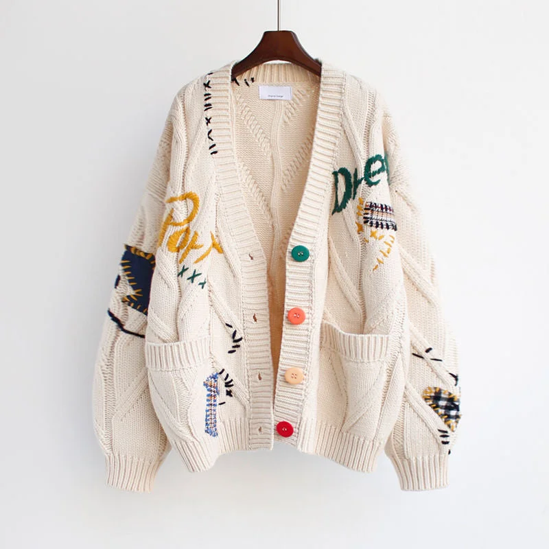 Vangull Autumn Winter Embroidery Women Cardigan Warm Knitted Sweater Jacket Pocket Fashion Knit Cardigan Coat Lady Loose Sweater