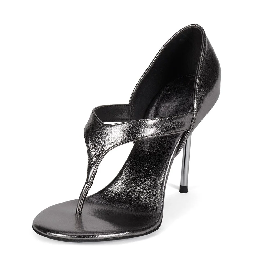 Grey Metallic Open Round Toe Comfy Flip Flops Heeled Sandals