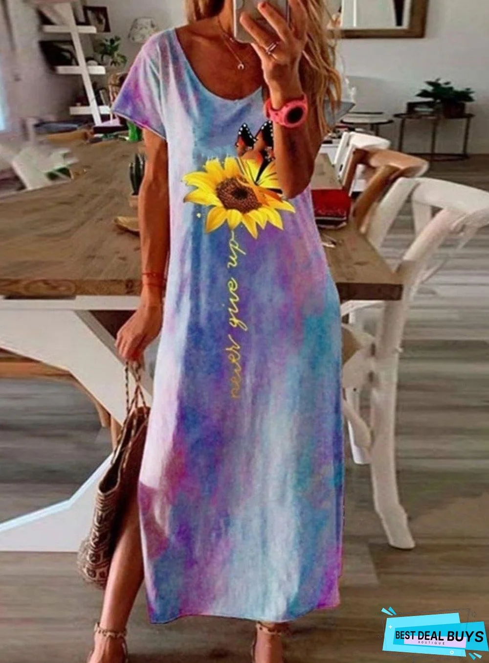 Casual Tie-Dye Sunflower Print Side Slit Long Dress