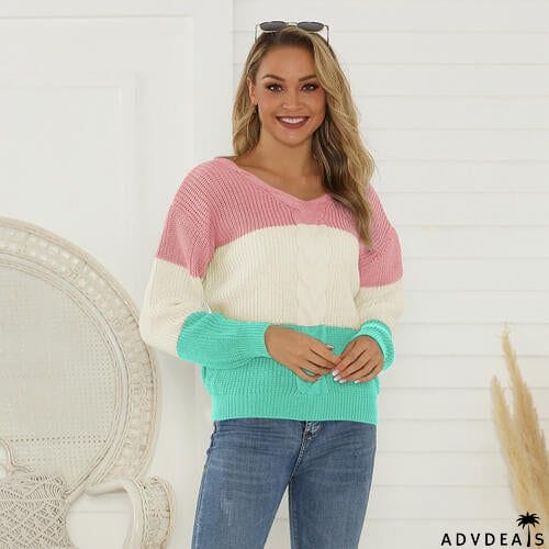 Color Block V-Neck Long Sleeve Sweater