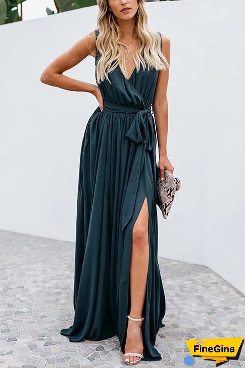 V Neck Sleeveless Slit Wrap Maxi Dress