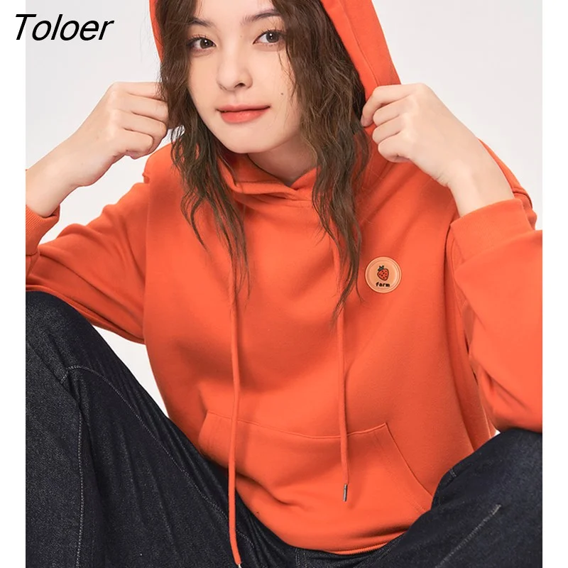Toloer Women Fleece Hooded Sweatshirt 2022 Autumn Long Sleeve Loose Hoodies Eggplant Print Casual Streetwear Pullover
